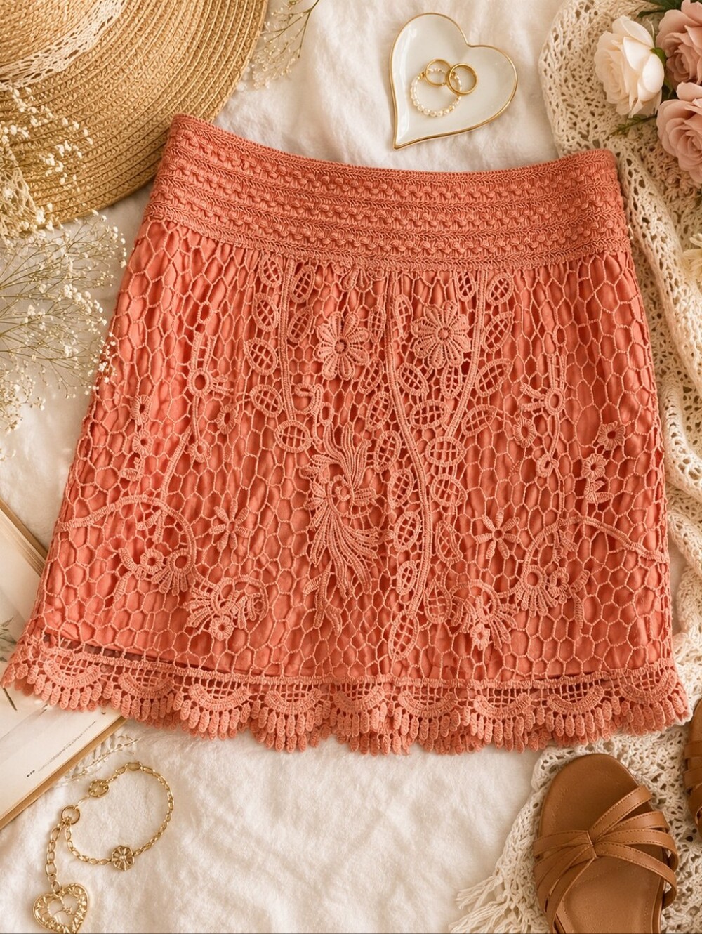 Topshop Coeal Crochet Lace Mini Skirt Size US 6 Lace Crochet Mini Skirt - Coral